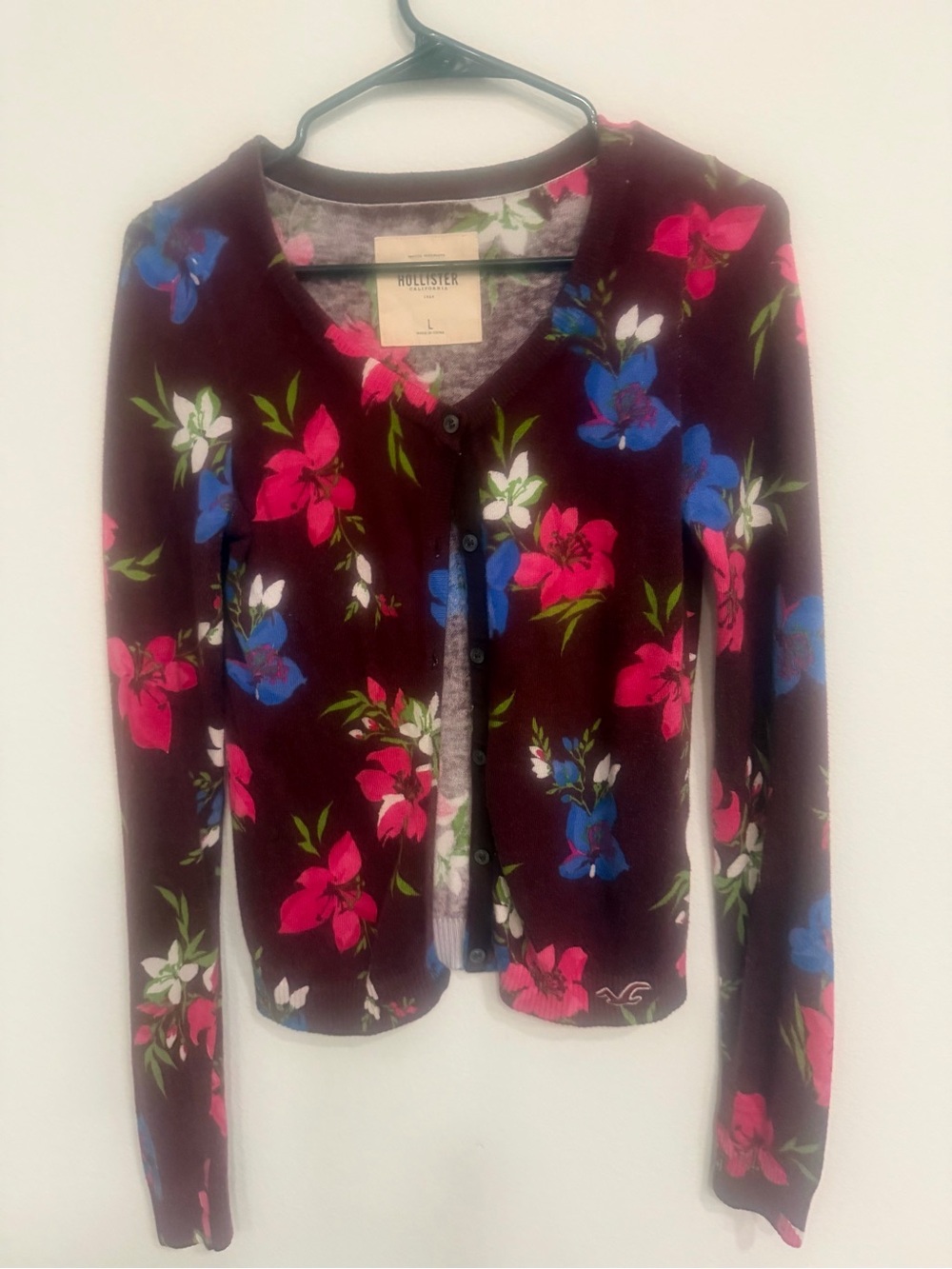 Hollister Burgundy Floral V-Neck Cardigan with Pink & Blue Blooms